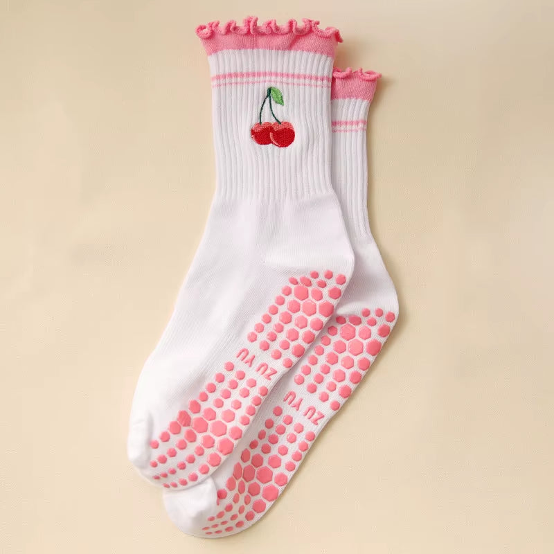 Yoga Socks Women Cotton Embroidered Dot Silicone Non-Slip Grip Pilates Crew Socks